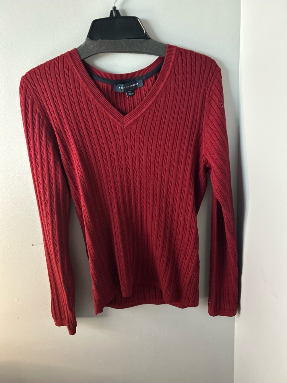 Tommy Hilfiger Burgundy Cable Knit V-Neck Sweater